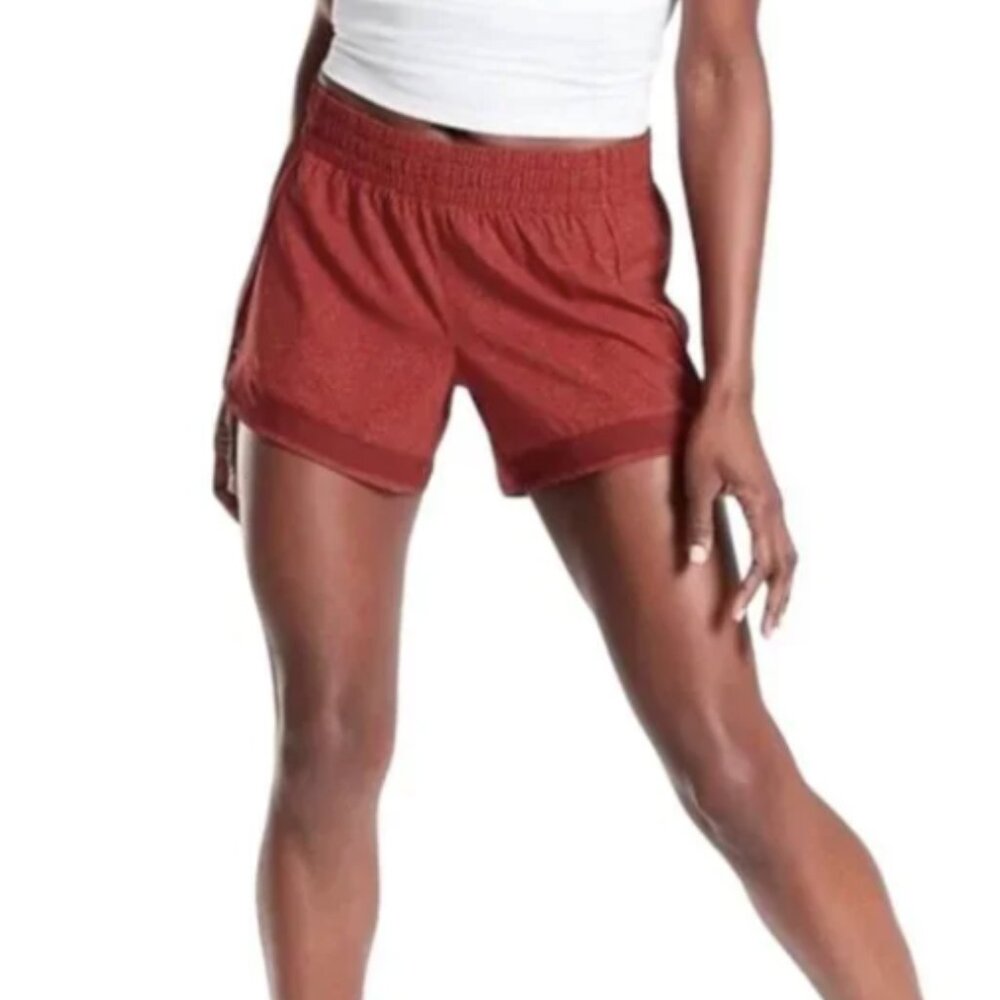 Athleta Printed Mesh Racer Run Short Rust Red Orange